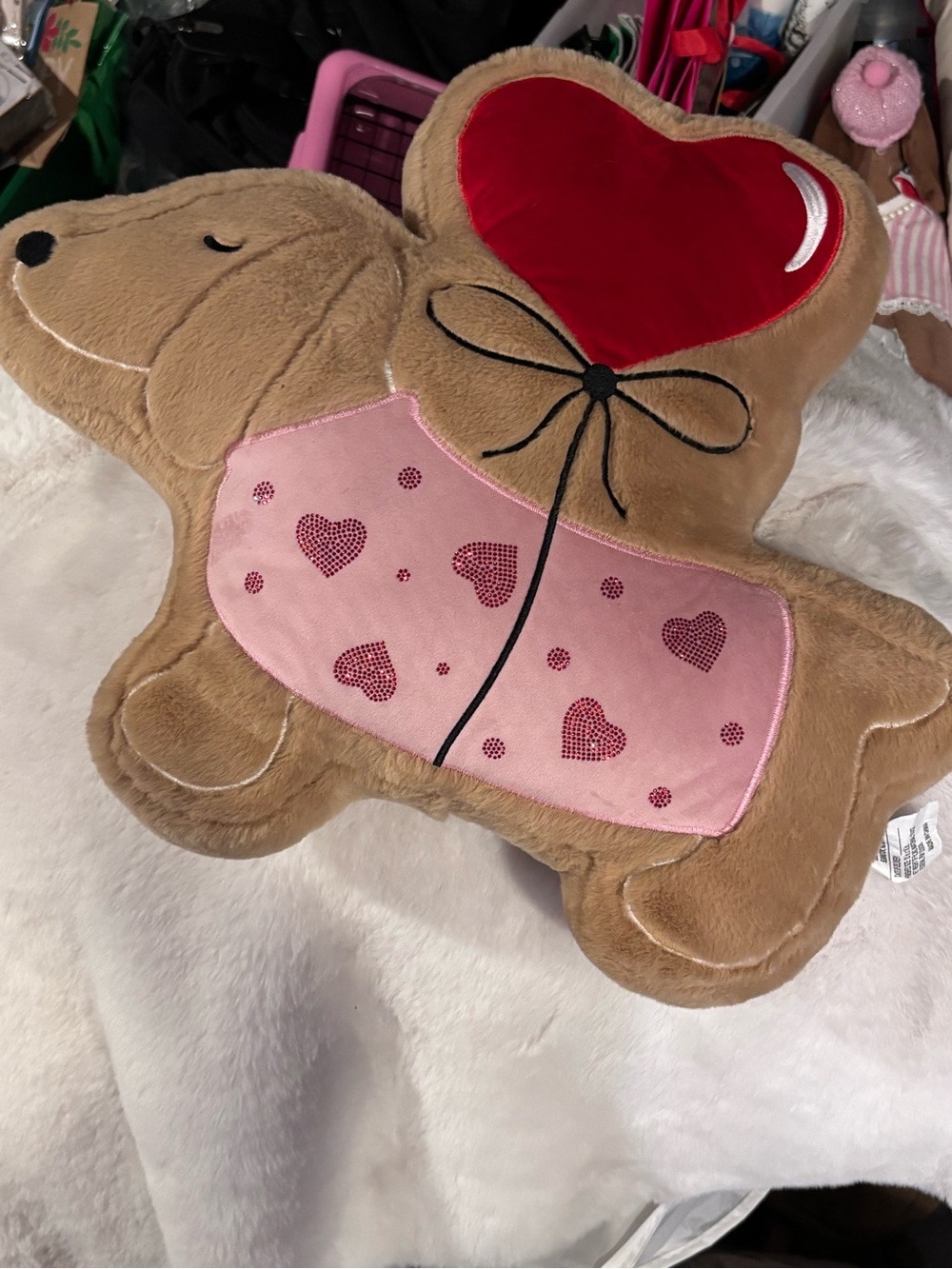 Brown Plush dachshund Pillow with Pink Heart Panel and Red Heart Balloon